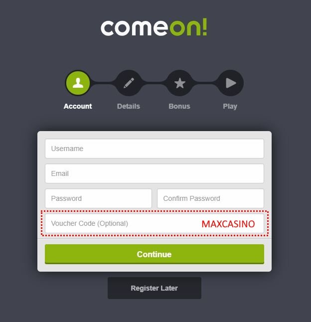 ComeOn registration form